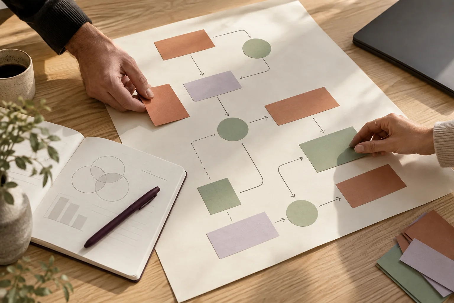 Hands arranging a business process map with terracotta, sage and lilac planning cards