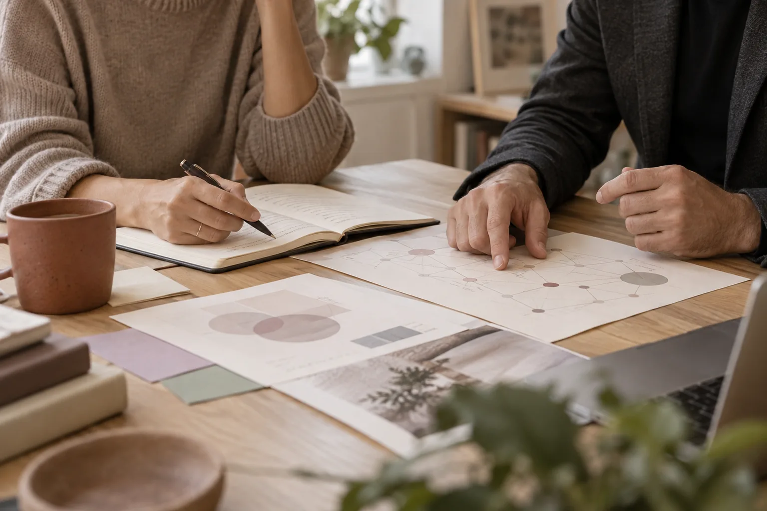 Two people discussing business priorities and reviewing a process diagram together